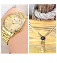 Ferrucci Zirkon Taşlı Şık Kasa Çelik Kadın Kol Saat %100 Çelik 2 Zincirli Koye Hediye Set (Altın)
