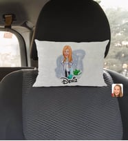 BK Gift Kişiye Özel İsimli Kadın Eczacı Karikatürlü Dikdörtgen Araç Koltuk Yastığı-1