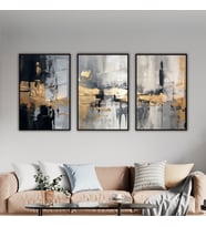 3'lü Metal Çerçeveli Cam Tablo Seti Soyut Siyah Gold Desen (Siyah)