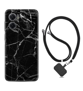 Xiaomi Redmi Note 11E Kılıf Resimli Boyun Askılı İpli Desenli Silikon Fragile Black Mermer 1378