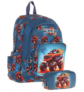 Kaukko Kids (L5282+L8282) Üç Gözlü Erkek Çocuk Okul Çantası ve Kalem Çantası Seti - Yeşil Kırmızı - Arazi Aracı Baskılı