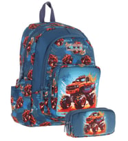 Kaukko Kids (L5282+L8282) Üç Gözlü Erkek Çocuk Okul Çantası ve Kalem Çantası Seti - Yeşil Kırmızı - Arazi Aracı Baskılı