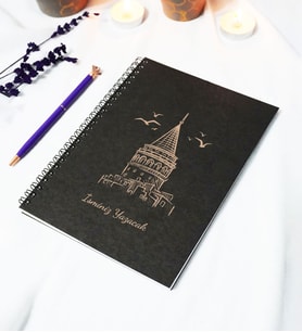 Kişiye Özel Galata Kulesi Temalı Siyah Kraft Kapaklı Defter - 45 Yaprak A5 (90 SAYFA) 15x21 Cm