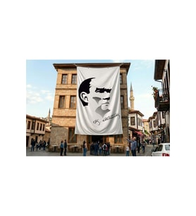 Siyah - Beyaz Mustafa Kemal Atatürk Silüeti ve İmza Poster Bayrak Premium Raşel Kumaş ATA27