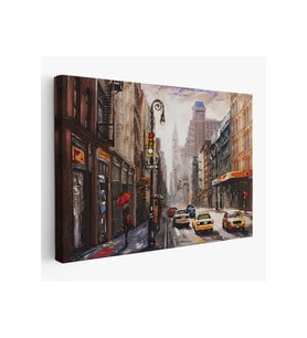New York Sokakları Ve Sarı Taksi Yağlıboya Görünüm Tablo-3550