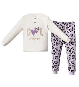 Kız Çocuk Ekru Mor Cool Kalp Baskılı 2'li Pijama Takımı