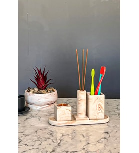 betonmall Marble Serisi Diş Fırçalık Banyo Seti (Bej)
