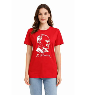 Echo Kadın Atatürk Baskılı Tişört Kısa Kollu Bisiklet Yaka T-Shirt - Kırmızı-Beyaz