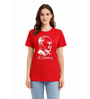 Echo Kadın Atatürk Baskılı Tişört Kısa Kollu Bisiklet Yaka T-Shirt - Kırmızı-Beyaz