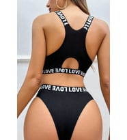 Kadın Siyah Çapraz Sırt ve Love Lastik Detaylı Sütyen Külot Takım