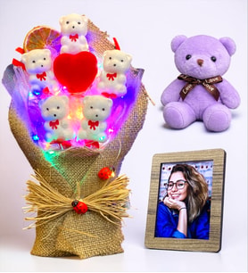 Kişiye Özel Fotoğraflı Ayıcık Seti Renkli LED Işıklı Ayıcık Buketi ve Mor Peluş Ayıcık