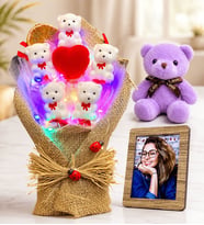 Kişiye Özel Fotoğraflı Ayıcık Seti Renkli LED Işıklı Ayıcık Buketi ve Mor Peluş Ayıcık