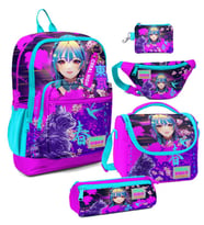 Coral High Kız Çocuk Mor Pembe Anime Kedi Desenli Beşli İlkokul Okul Çanta Seti (Çok Renkli)