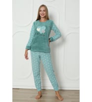 Fawn 3316 Peluş Welsoft Polar Kışlık Yumoş Kalpli Kadın Pijama Takımı (Yeşil)