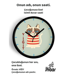 İsme Özel Kedi Çocuk Odası Duvar Saati Orta Boy 30 cm Siyah Camlı Sessiz