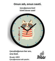 İsme Özel Kedi Çocuk Odası Duvar Saati Orta Boy 30 cm Siyah Camlı Sessiz