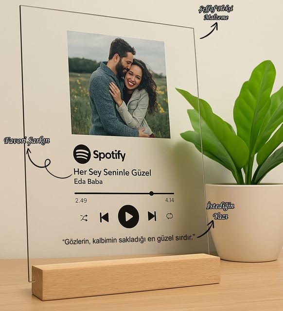 Kişiye Özel Kendin Tasarla Fotoğraflı Spotify Şarkı Barkodlu Masaüstü Plak Fotoğraf Çerçevesi