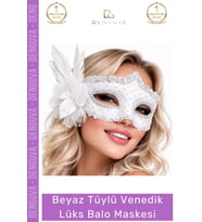 #Maske Beyaz Tüylü Venedik Lüks Tasarım Şık Kostüm Aksesuarı Parti Özel Davet Balo Maskesi
