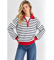 Oversize Kesim Fermuarlı Polo Yaka Çizgili Triko Kazak - Lacivert-Kırmızı