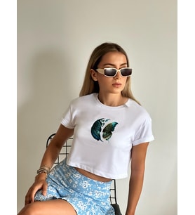 Moon and Moon Ay ve Kelebek Desenli  Pamuklu Kısa Kollu Beyaz T-Shirt - Oversize Crop
