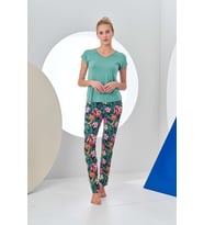 Pjs 24160 Kadın Desenli Pijama Takım (Yeşil)