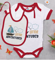 BK Kids Little Adventurer Tasarımlı Kırmızı Bebek Body Zıbın ve Mama Önlüğü Hediye Seti-1