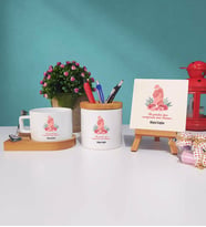Anneler Günü Hediyesi Anneye Hediye - 5 - Ahşap Altlıklı Fincan Kalemlik ve Dekoratif Taş Baskı Hediye Seti