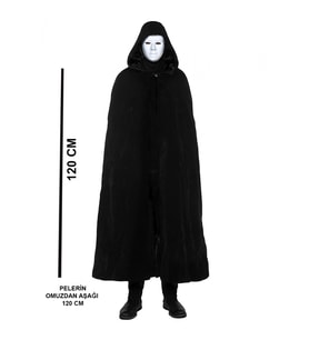 Mey İthalat® Siyah Kapüşonlu 120 cm Pelerin ve Beyaz Boyanabilir Tam Yüz Maske