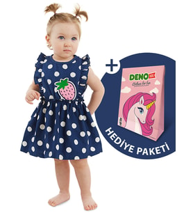Puanlı Çilek Kız Bebek Poplin Elbise (Lacivert)
