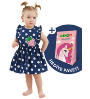 Puanlı Çilek Kız Bebek Poplin Elbise (Lacivert)