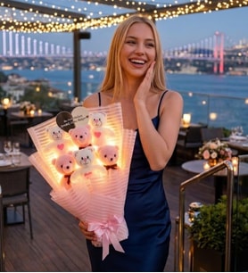 Kalp Aynalı LED Işıklı Pembe Peluş Ayıcık Buketi – Sevgiliye, Arkadaşa Özel Hediye