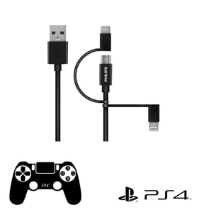 Philips Playstation 4/5 İle Uyumlu Joystick Şarj Kablosu 3in1 Micro Usb-Lightining-Type-C Hızlı Şarj Kablosu 2m DLC3106T (Siyah)