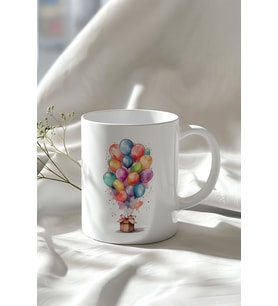Sevimli Renkli Balon Tasarımlı 330ml Baskılı Beyaz Seramik Kupa Bardak