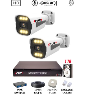 FURY 2 Kameralı Ip Güvenlik Kamerası Seti Sesli 4mp Gece Renkli Su Geçirmez 1506s 1TB