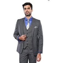 Ekose Slim Fit Siyah-Gri Yelekli Spor Takım Elbise - Wessi