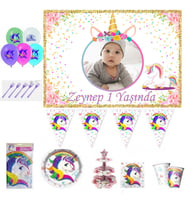 Unicorn 1-2-3 Yaş Doğum Günü Süsleri Masa Seti Parti Seti Full Set 8 Kişilik Fotoğraflı-