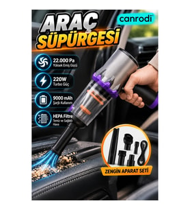 22.000 Pa Şarjlı Araç Süpürgesi 9000 mAh – 220W Turbo Güç, HEPA Filtre ve Aparat Seti