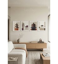 Minimalist Uzak Doğu Mimari 4’lü Ahşap Çerçeveli Tablo Seti