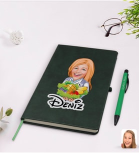 BK Gift Kişiye Özel Kadın Diyetisyen Karikatürlü Yeşil Termo Deri Defter Kalem Seti Model 1