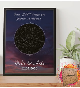 Kişiye Özel Yıldız Haritası Gökyüzü Galaksi Tasarımlı ve Mesajlı Doğum Haritası Siyah 21x30 Çerçeve oh941