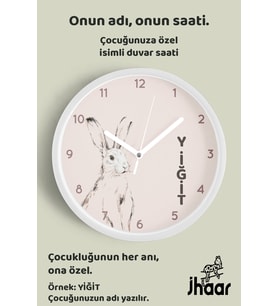 İsme Özel Soyut Tavşan Çocuk Odası Duvar Saati Orta Boy 30 cm Beyaz Camlı Sessiz