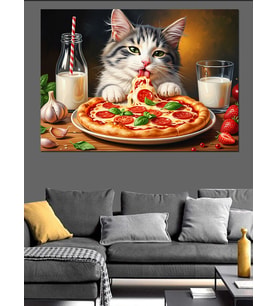 Pizza Yiyen Sevimli Yavru Kedi Dekoratif Kanvas - Mdf Ahşap Tablo