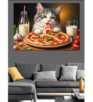 Pizza Yiyen Sevimli Yavru Kedi Dekoratif Kanvas - Mdf Ahşap Tablo