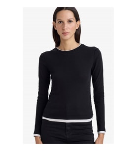 Defacto Slim Fit Ribana Siyah Kadın Uzun Kollu T-shirt E6548AX/BK81