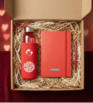 Kişiye Özel Kırmızı Defter & Kırmızı Touchpen Kalem & Love Life Water Baskılı Kırmızı Kılıflı 500mL. Cam Matara Hediye Seti - Sevgiliye, Kurumsal Hediye