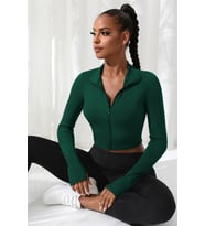 Kadın Yeşil Uzun Kol Fermuarlı Parmak Geçme Detaylı Dik Yaka Crop Top Bluz