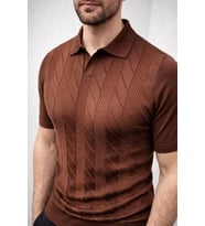 Erkek Yazlık Triko Dokuma Tişört Kısa Kol Polo Yaka T-Shirt - Kahverengi