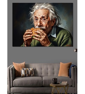 Burger Yiyen Dahi Albert Einstein Dekoratif Kanvas - Mdf Ahşap Tablo