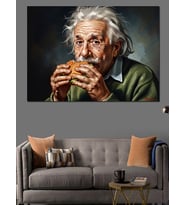 Burger Yiyen Dahi Albert Einstein Dekoratif Kanvas - Mdf Ahşap Tablo