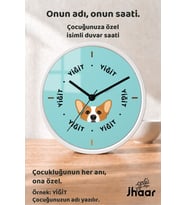 İsme Özel Mint Sevimli Köpek Çocuk Odası Duvar Saati Orta Boy 30 cm Beyaz Camlı Sessiz
